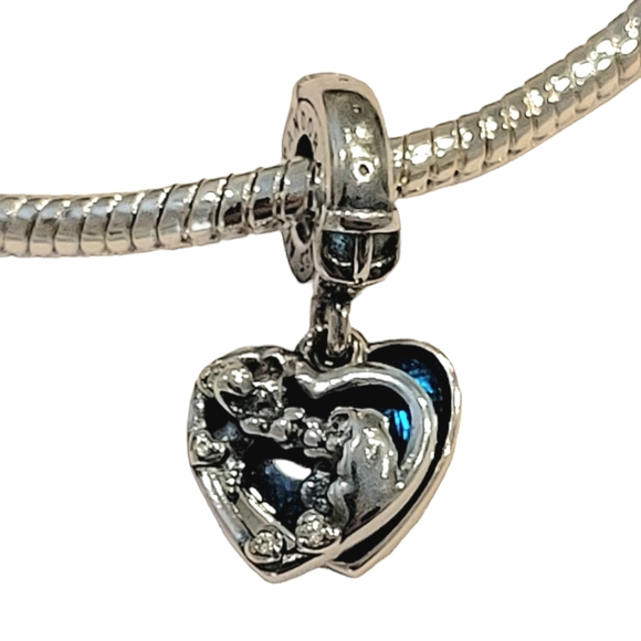 Pandora Disney Lady & the Tramp Sterling Silver Blue Heart Dangle Bracelet Charm - Picture 3 of 6